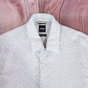Hugo Boss Lukka Shirt Mens Medium Regular Fit Stretch Linen Blend Palm Tree Mint